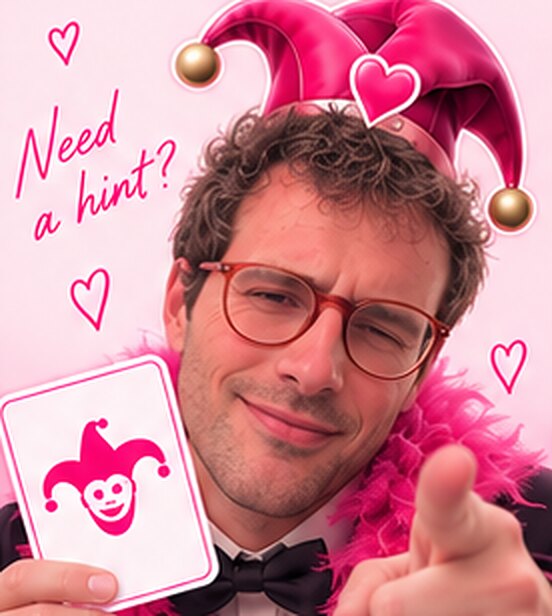 Your friend in a pink jester hat and feather boa, holding a Joker card. “Need a hint?”