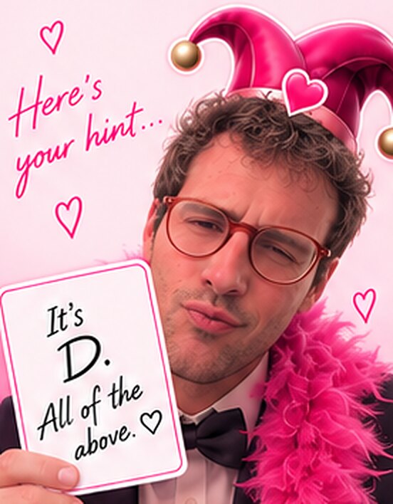 Your friend in a jester hat, holding a card: “It’s D. All of the above.”