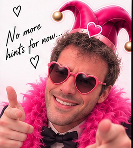 Your friend in heart-shaped sunglasses, pointing at you. “No more hints for now…”